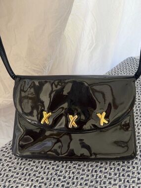 Vintage 90s Paloma Picasso Black Patent Leather Iconic Tripple X Flap Bag